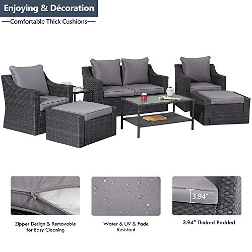 May in Color 7 Pieces Outdoor Patio Furniture Set, Wicker Conversation Set with Ottomans Cushions, Sectional Lounge Chair Sofa with Coffee Table, for Porch Deck Poolside Garden Balcony Backyard, Grey