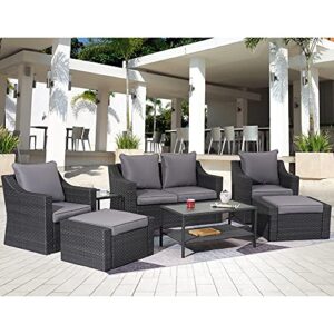 May in Color 7 Pieces Outdoor Patio Furniture Set, Wicker Conversation Set with Ottomans Cushions, Sectional Lounge Chair Sofa with Coffee Table, for Porch Deck Poolside Garden Balcony Backyard, Grey