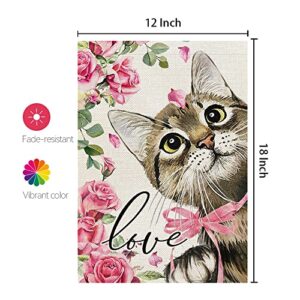 CROWNED BEAUTY Valentines Day Cat Garden Flag 12x18 Inch Double Sided for Outside, Pink Roses Love Yard CF687-12