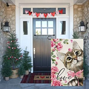 CROWNED BEAUTY Valentines Day Cat Garden Flag 12x18 Inch Double Sided for Outside, Pink Roses Love Yard CF687-12