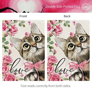 CROWNED BEAUTY Valentines Day Cat Garden Flag 12x18 Inch Double Sided for Outside, Pink Roses Love Yard CF687-12