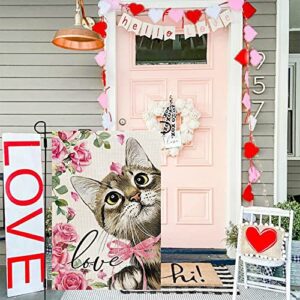 CROWNED BEAUTY Valentines Day Cat Garden Flag 12x18 Inch Double Sided for Outside, Pink Roses Love Yard CF687-12