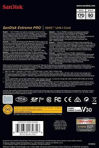 SanDisk 256GB Extreme PRO SDXC UHS-I Card - C10, U3, V30, 4K UHD, SD Card - SDSDXXY-256G-GN4IN