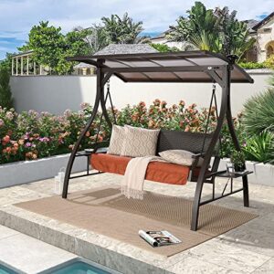 iwicker 3-seat patio swing porch glider hammock hang bench chair with adjustable canopy, folding tray, cushions and sunbrella pillows included for garden, poolside, balcony