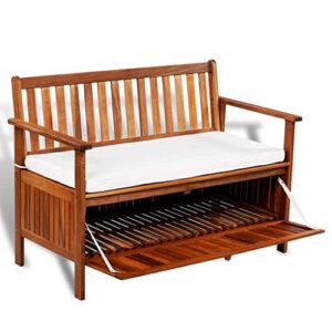 Festnight Wooden Outdoor Storage Bench Acacia Wood Garden Patio Deck Storage Container with Cushion Seat Armrest and Backrest Cabinet Chair Pool Yard Furniture 47.2" x 24.8" x 33.1" (W x D x H)