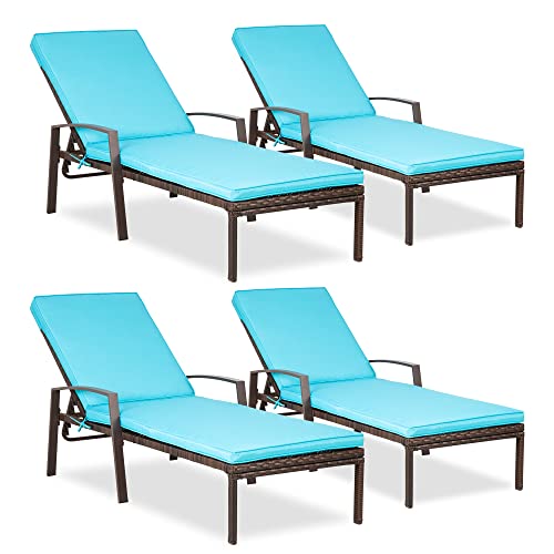 Pamapic 4 Pieces Patio Lounge Chair Set, Patio Chaise Lounges with Thickened Cushion, PE Rattan Steel Frame Pool Lounge Chair Set for Patio Backyard Porch Garden Poolside (Tiffany)…