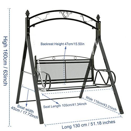 Metal Porch Swing, 2-Person Hanging Patio Swing Chair with Thick Cushions and Decorations, Outdoors Heavy Duty Swing Chair Bench for Gardens, Yards, Deck, Backyard, 660 lb Weight Capacity, Brass