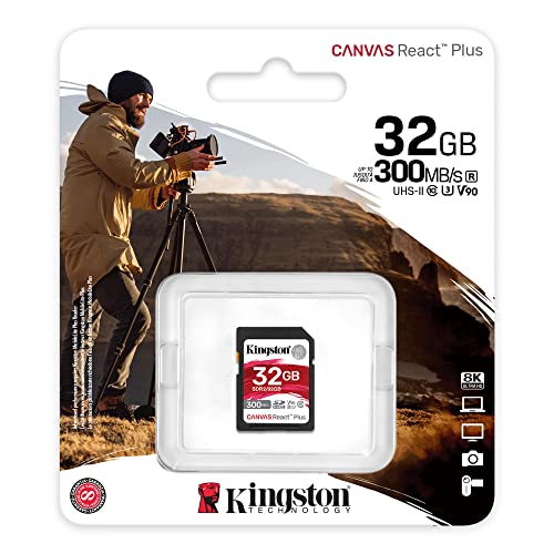 Kingston Canvas React Plus 32GB SD Card | SDHC UHS-II | 300R/260W U3 V90 | Full HD/4K/8K | SDR2/32GB