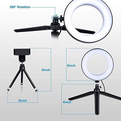 LED Ring Light 6" with Tripod Stand for YouTube Video and Makeup, Mini LED Camera Light with Cell Phone Holder Desktop LED Lamp with 3 Light Modes & 11 Brightness Level (6")