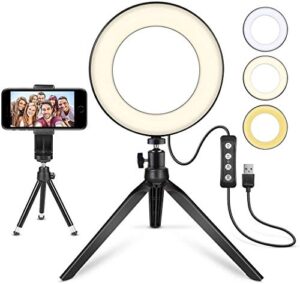 led ring light 6″ with tripod stand for youtube video and makeup, mini led camera light with cell phone holder desktop led lamp with 3 light modes & 11 brightness level (6″)