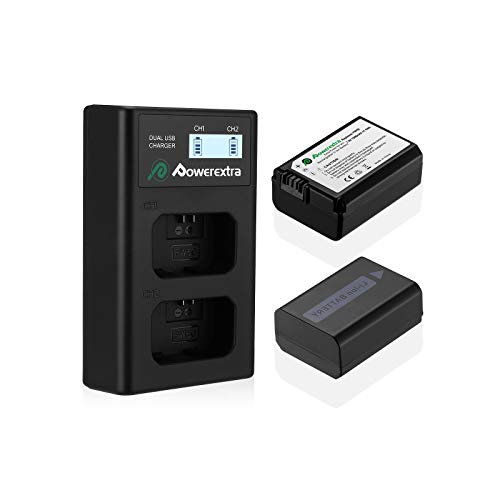 Powerextra 2 Pack Replacement Sony NP-FW50 Battery & Smart LCD Display Dual Channel Charger Compatible for Sony ZV-E10, Alpha a6500, a6300, a6000, a7s, a7, a7s ii, a7s, a5100, a5000, a7r, a7 ii Camera