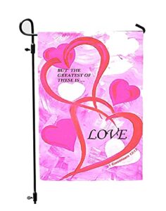 valentine’s day love garden flag – pink valentines day spring welcome – religious bible verse yard flags – but the greatest of these is love – double sided by jolly jon