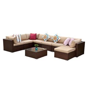 sunvivi outdoor 9 piece outdoor patio furniture sets, all weather brown pe wicker furniture set, patio sectional conversation sofa set with coffee table, removable beige cushions