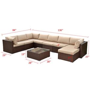 SUNVIVI OUTDOOR 9 Piece Outdoor Patio Furniture Sets, All Weather Brown PE Wicker Furniture Set, Patio Sectional Conversation Sofa Set with Coffee Table, Removable Beige Cushions