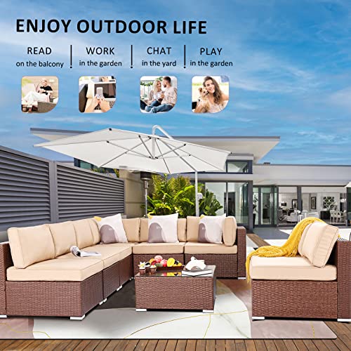 SUNVIVI OUTDOOR 9 Piece Outdoor Patio Furniture Sets, All Weather Brown PE Wicker Furniture Set, Patio Sectional Conversation Sofa Set with Coffee Table, Removable Beige Cushions