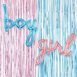 gender reveal decoration set – metallic fringe curtains + boy girl foil balloons gender reveals party photo backdrop (pink/blue)