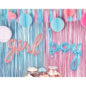 Gender Reveal Decoration Set - Metallic Fringe Curtains + BOY Girl Foil Balloons Gender Reveals Party Photo Backdrop (Pink/Blue)