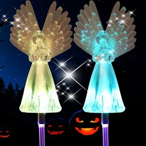 nmm solar angel lights, 2 pack outdoor solar garden lights, multi-color changing angel decorative lights for yard lawn pathway grave cemetery christmas decoration, thanksgiving memorial gift