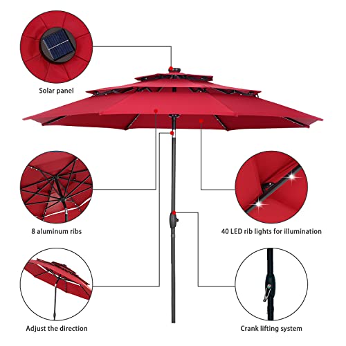 Saemoza 10ft 3 Tiers Patio Umbrella with Solar Powered, Outdoor Market Table Umbrella with 40 LED Lights, Push Button Tilt, Crank and 8 Ribs for Garden, Backyard and Pool (Red)