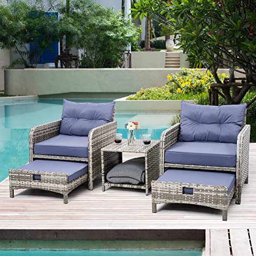 Pamapic 5 Pieces Wicker Patio Furniture Set Outdoor Patio Chairs with Ottomans Conversation Furniture with coffetable for Poorside Garden Balcony(Blue Purple)