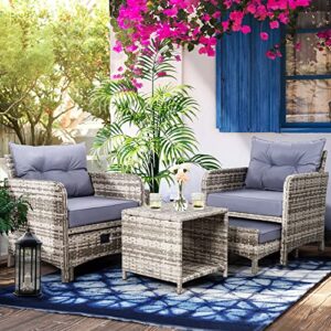 Pamapic 5 Pieces Wicker Patio Furniture Set Outdoor Patio Chairs with Ottomans Conversation Furniture with coffetable for Poorside Garden Balcony(Blue Purple)