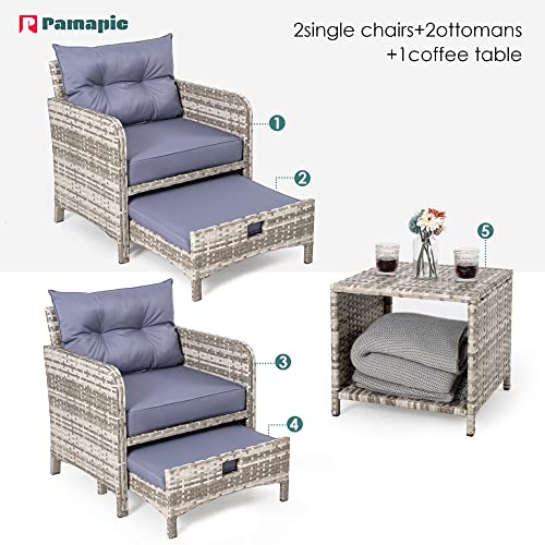 Pamapic 5 Pieces Wicker Patio Furniture Set Outdoor Patio Chairs with Ottomans Conversation Furniture with coffetable for Poorside Garden Balcony(Blue Purple)