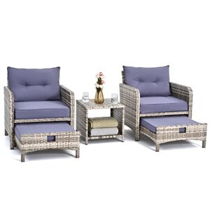 Pamapic 5 Pieces Wicker Patio Furniture Set Outdoor Patio Chairs with Ottomans Conversation Furniture with coffetable for Poorside Garden Balcony(Blue Purple)