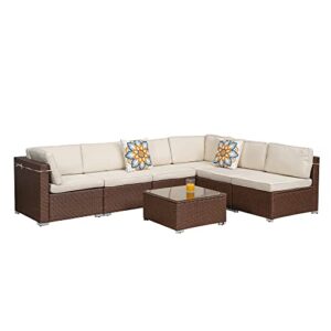 sunvivi outdoor 7 piece patio conversation set outdoor furniture set brown wicker furniture outdoor sectional rattan sofa couch for backyard, garden with 6 clips, coffee table