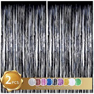 beishida 2 pack foil fringe curtain,black tinsel metallic curtains photo backdrop for halloween wedding engagement bridal shower birthday bachelorette party stage decor(3.28 ft x 6.56 ft)