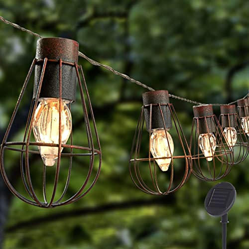 MakForU Solar String Lights Outdoor, 10ft 10 LED Bulbs Hanging Light Retro Metal Industrial-Style Waterproof Solar Powered Light for Patio Garden Wedding Bistro