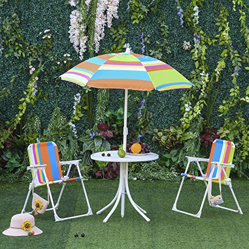 Outsunny Kids Folding Table and Chairs Set Color Stripes for Outdoor Garden Patio Backyard with Removable & Height Adjustable Sun Umbrella, Multi