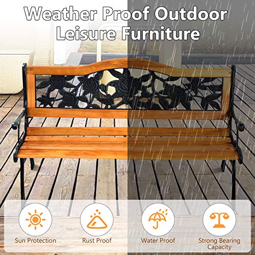 HAPPYGRILL 50'' Patio Park Garden Bench, Outdoor Furniture Iron & Hardwood Frame Porch Loveseat