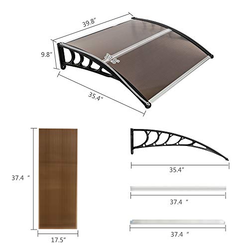 QXDRAGON Patio Window Awning Door Canopy Outdoor Shade Bracket Polycarbonate Cover Front Garden Awnings UV Rain Snow Sunlight Protection One Piece Hollow Sheet (39X38,Brown & Black Bracket)