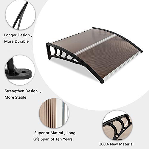 QXDRAGON Patio Window Awning Door Canopy Outdoor Shade Bracket Polycarbonate Cover Front Garden Awnings UV Rain Snow Sunlight Protection One Piece Hollow Sheet (39X38,Brown & Black Bracket)