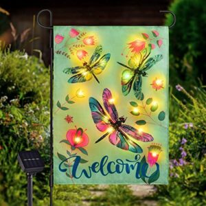 spring garden flag 12×18 double sided, 8 modes lighted dragonfly flag, welcome spring garden flag for outside, led small flag for yard and garden decor in spring