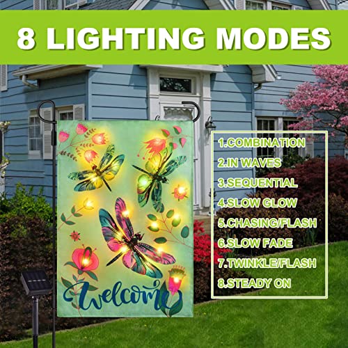 Spring Garden Flag 12×18 Double Sided, 8 Modes Lighted Dragonfly Flag, Welcome Spring Garden Flag for Outside, LED Small Flag for Yard and Garden Decor in Spring