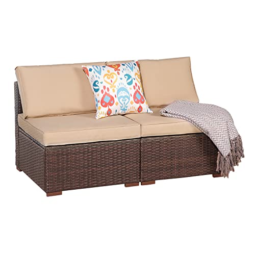 Patiorama 2-Piece Patio Armless Sofa Set, Outdoor Sectional Sofa, All-Weather Brown PE Wicker Rattan Conversation Sofa, Outdoor Loveseat, Patio Seating for Balcony Garden Pool (Beige Cushion)