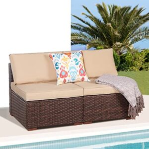 Patiorama 2-Piece Patio Armless Sofa Set, Outdoor Sectional Sofa, All-Weather Brown PE Wicker Rattan Conversation Sofa, Outdoor Loveseat, Patio Seating for Balcony Garden Pool (Beige Cushion)