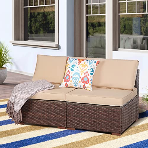 Patiorama 2-Piece Patio Armless Sofa Set, Outdoor Sectional Sofa, All-Weather Brown PE Wicker Rattan Conversation Sofa, Outdoor Loveseat, Patio Seating for Balcony Garden Pool (Beige Cushion)