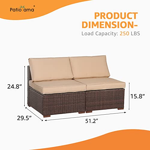 Patiorama 2-Piece Patio Armless Sofa Set, Outdoor Sectional Sofa, All-Weather Brown PE Wicker Rattan Conversation Sofa, Outdoor Loveseat, Patio Seating for Balcony Garden Pool (Beige Cushion)