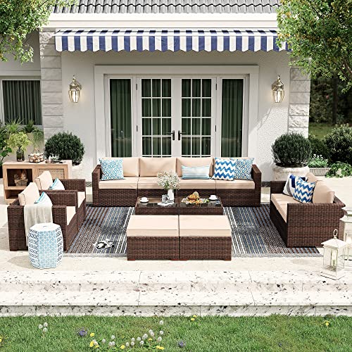 Patiorama 2-Piece Patio Armless Sofa Set, Outdoor Sectional Sofa, All-Weather Brown PE Wicker Rattan Conversation Sofa, Outdoor Loveseat, Patio Seating for Balcony Garden Pool (Beige Cushion)