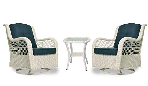 Tortuga Outdoor RIO-3BS-SET-WH Rio Vista 3 Piece Bistro Set Patio Furniture, White Wicker and Navy Blue Cushions