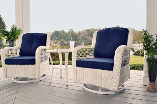 Tortuga Outdoor RIO-3BS-SET-WH Rio Vista 3 Piece Bistro Set Patio Furniture, White Wicker and Navy Blue Cushions