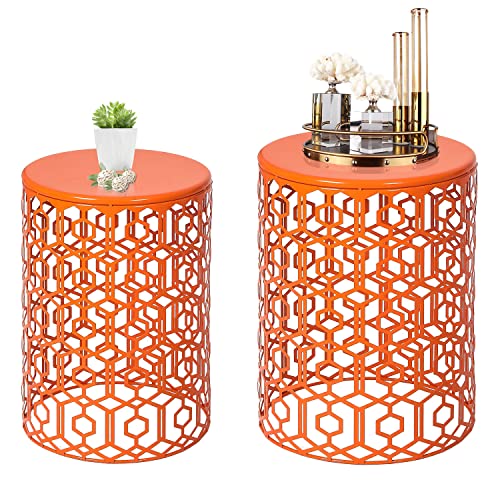 Homebeez Metal Accent Table, Set of 2 Decorative Round End Tables Nightstands, Coffee Side Tables for Indoor Outdoor and More (Orange Red)