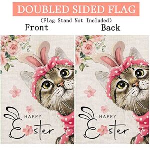 Happy Easter Cat Garden Flag for Outdoor,Cat with Bowknot Flowers Small Yard Flag,Seasonal Decors for Spring Farmhouse Holiday Outside 12x18 Double Sided