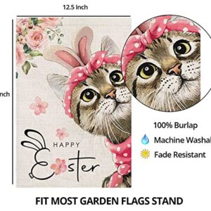 Happy Easter Cat Garden Flag for Outdoor,Cat with Bowknot Flowers Small Yard Flag,Seasonal Decors for Spring Farmhouse Holiday Outside 12x18 Double Sided