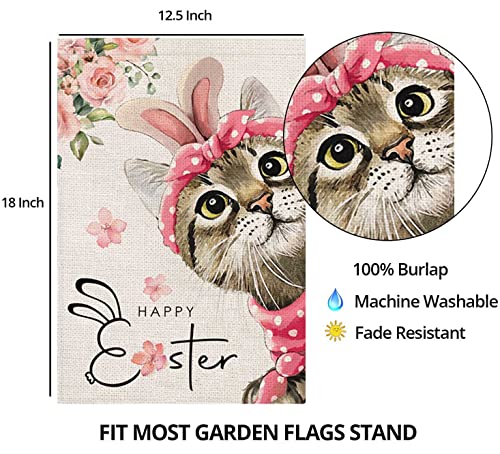 Happy Easter Cat Garden Flag for Outdoor,Cat with Bowknot Flowers Small Yard Flag,Seasonal Decors for Spring Farmhouse Holiday Outside 12x18 Double Sided