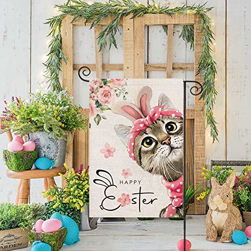 Happy Easter Cat Garden Flag for Outdoor,Cat with Bowknot Flowers Small Yard Flag,Seasonal Decors for Spring Farmhouse Holiday Outside 12x18 Double Sided