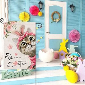 Happy Easter Cat Garden Flag for Outdoor,Cat with Bowknot Flowers Small Yard Flag,Seasonal Decors for Spring Farmhouse Holiday Outside 12x18 Double Sided