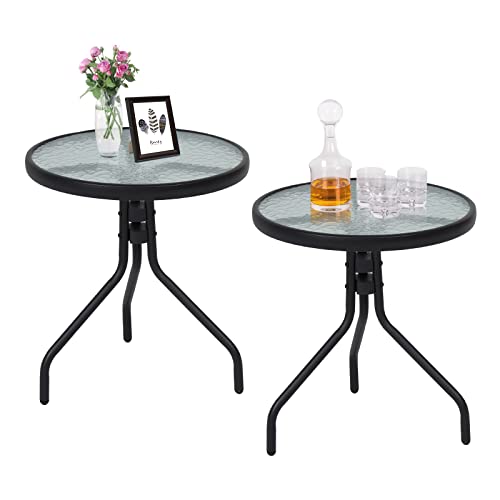 Kinsunny Round Bistro Coffee Table Set of 2, Patio Side Table Tempered Glass Top Metal End Table with Legs, for Outdoor Garden Backyard Lawn Poolside